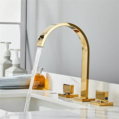 Basin Sink Brushed Gold Square Brass Bathroom Faucet 3 Hole Double Handle Hot And Cold Water Tap