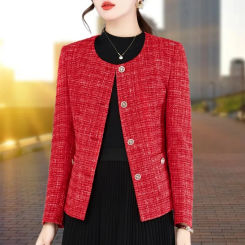 New Korean Fashion Small Fragrance Jacket Women Elegant Red Round Neck Short Coat Spring Autumn Single Breasted Female Outwear