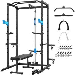 Power Cage, Multi-Functional Power Rack with J-Hooks, Dip Handles, Landmine Attachment