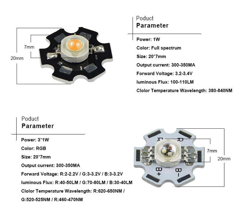 Description Picture 5 of item1W 3W High Power Chip Full Spectrum RGB UV Purple Light Bead Emitter LED Bulb Diodes Lamp Beads Star Diodes PCB Heat Sink