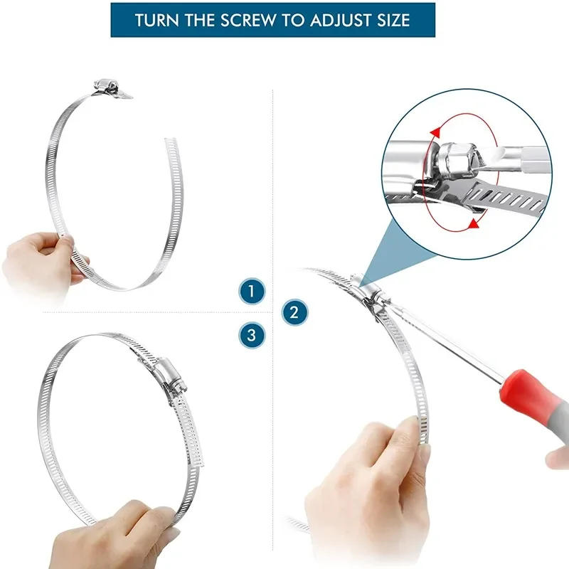 Description Picture 5 of itemNEW 304 Stainless Steel Hose Clamp Strap with Fasteners Worm Clamp Adjustable Worm Gear Pipe Ducting Hose Clamp 9.8-34.4 Feet