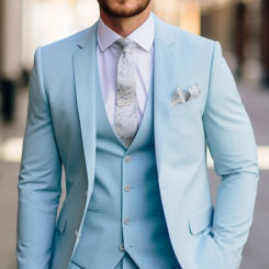 High Quality Sky Blue Men's Suits Formal Wedding Groom 3 Piece Jacket Pants Vest Outfits Male Clothing Costume Bespoke Full Sets