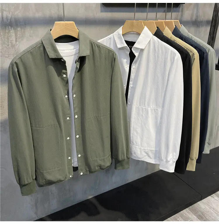 Description Picture 3 of itemSpring Fashion Men's Versatile Cotton Thin Jacket Casual Lapel Coat Solid Color Single Breasted Outwear Minimalist Jacket Shirt