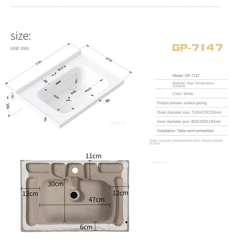 Description Picture 5 of itemCreative Semi-recessed Wash Basin Modern Ceramic Bathroom Sinks Rectangular Single Basin Bathroom Vanity Home Toilet White Sink