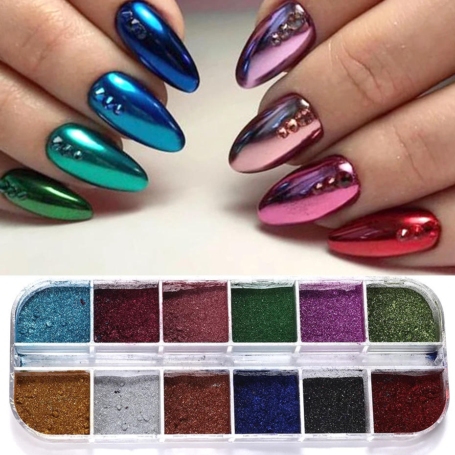Description Picture 4 of item12 Colors Metallic Powder Nail Pigment Holographic Mirror Metal fine Rubbing On Nail Dust Glitter UV Gel Polish Nail Decoration