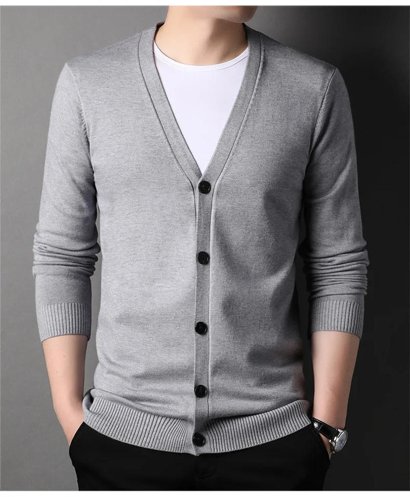 Description Picture 3 of itemNew Spring Autumn Knitted Cardigan Men Solid Color V Neck Slim Fit Sweatercoat Fashiion Casual Single Breasted Cardigan Sweaters