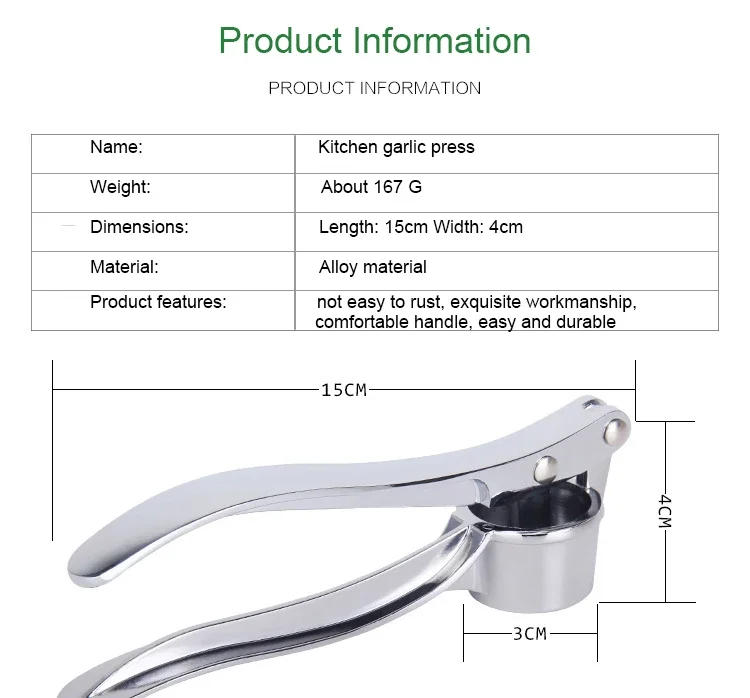 Description Picture 6 of itemGarlic Press Mincer Stainless Steel Multifunction Crusher Kitchen Cooking Ginger Squeezer Masher Handheld Ginger Mincer Tools