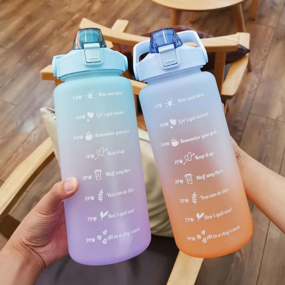 Description Picture 6 of itemNew Large Couple Cup with Straw Time Scale Water Bottle Plastic Water Cup Large Student Frosted Outdoor Sports Water Bottles 2L