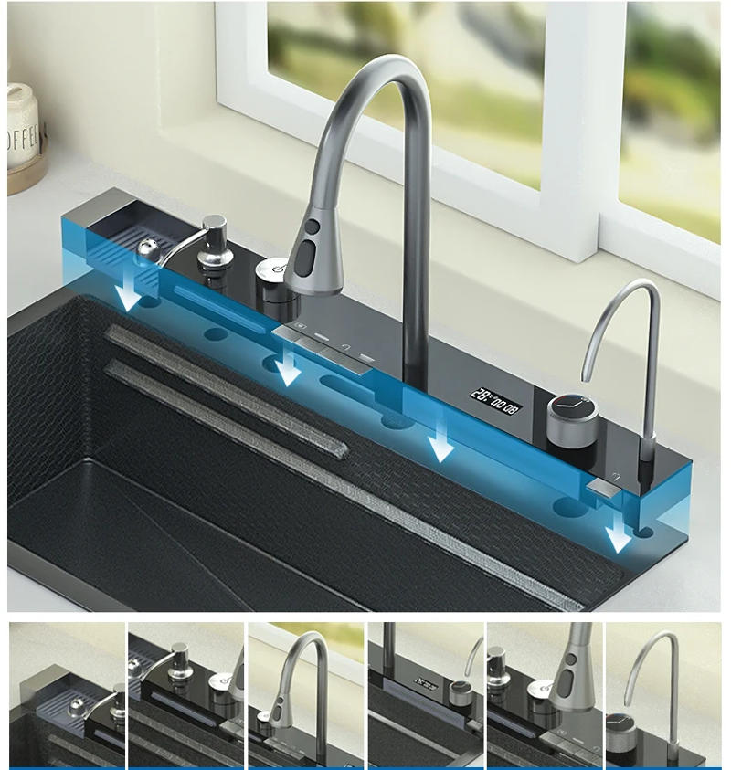 Description Picture 4 of itemNano Multifunctional Kitchen Sink Large Single Slot Integrated Digital Display Waterfall Faucet Soap Dispenser Cup Washer Pure