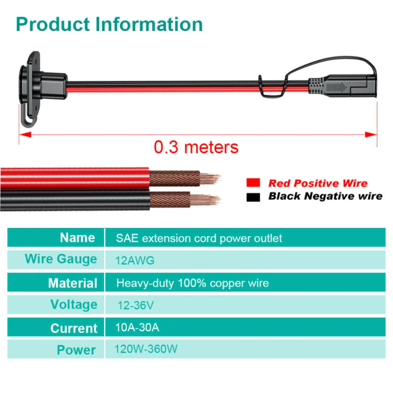 Description Picture 5 of item12AWG 30CM Power Automotive Extension Cable SAE Male Female Plug Wire Connector Cable Car Battery Solar Cell Connection Transfer