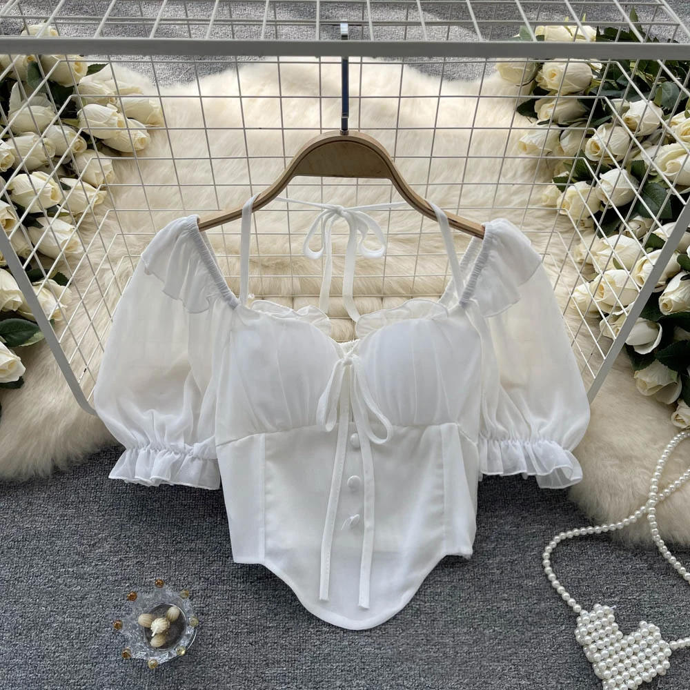 Description Picture 3 of itemSexy  Pleated Lace-up Puff Short Sleeve Slim Blouse Elegant Korean Fashion Off Crop Top Sexy Shirt Summer Women Clothing