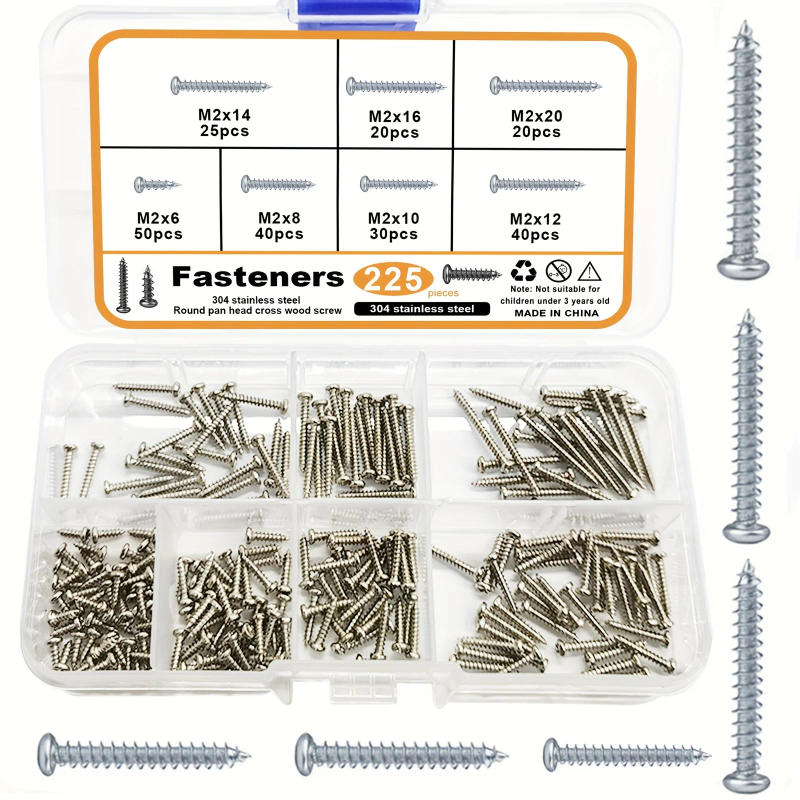 Description Picture 2 of item304 Stainless Steel Round Pan Head Cross Wood Screws, Used for Computer Repair and Fixing - M2x6/8/10/12/14/16/20, Total 225 Pcs