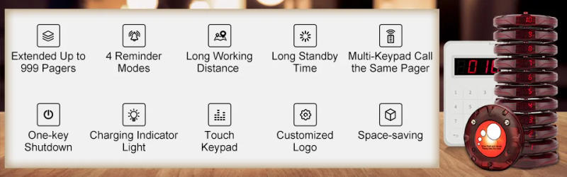 Description Picture 2 of itemRetekess TD158 Pagers For Restaurant Vibrator Coaster Buzzers Receiver Calling System Waterproof Keyboard Food Truck Bar Cafe
