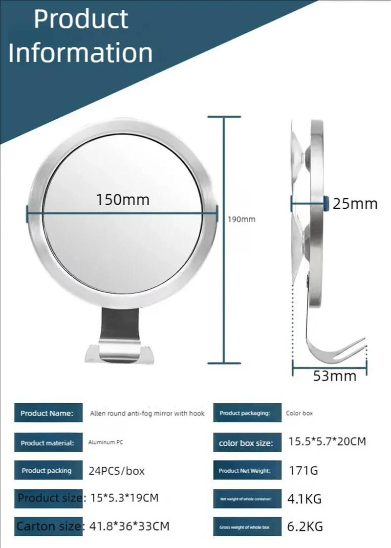 Description Picture 2 of itemMist free 6in bathroom mirror makeup mirror anti fog hanging shaving mirror shower mirror vacuum suction cup shaver seat mirror