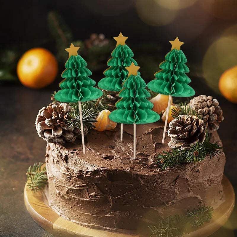 Description Picture 2 of item10Pcs Christmas Tree Cupcake Topper Honeycomb Paper Straw 2024 Christmas Party Cake Decoration 2025 New Year Food Fruit Picks
