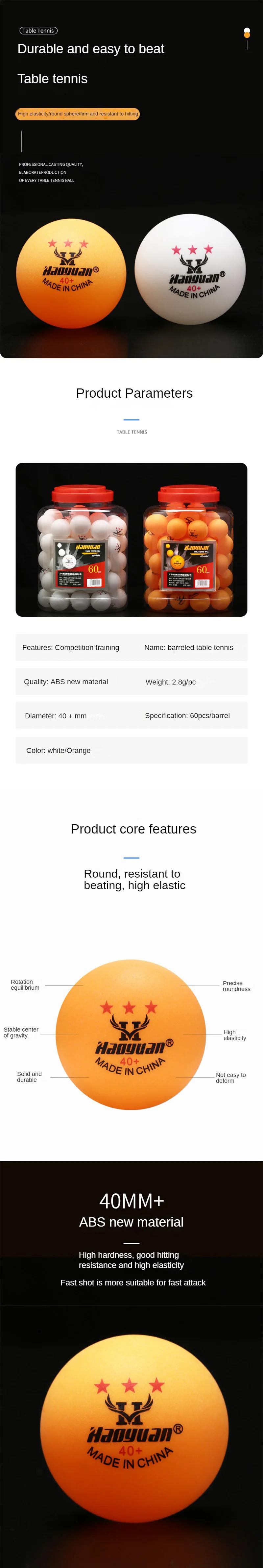 Description Picture 2 of item60Pcs Professional 3 Star Table Tennis Balls D40+mm 2.8g New Material ABS Plastic Ping Pong Ball Adult Training For Competition