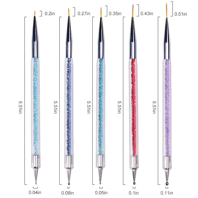 Description Picture 3 of item5pcs/Set 2 In 1 Dual-Ended Nail Art Liner Brushes With Crystal Handle Professional UV Gel Dotting Painting Drawing Pen DIY Tools