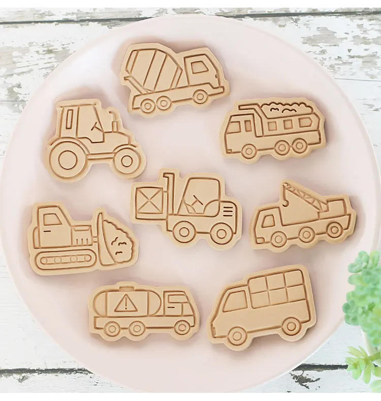 Description Picture 5 of item8 Pcs/set Engineering Truck Cookie Cutters Plastic 3D Cartoon Pressable Biscuit Mold Cookie Stamp Kitchen Baking Pastry Bakeware