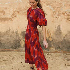 Elegant Printed Backless Midi Dress for Women Chic Box Neck Puff Sleeves Split A-line Robe 2024 New Summer Female Party Dresses