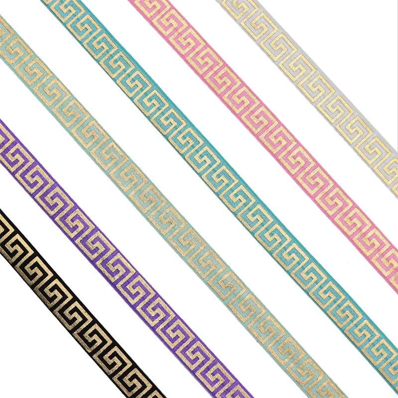 Description Picture 3 of item5/8'' 15mm Gold Foil Retro Geometry Maze Printed FOE Band Fold Over Elastic Ribbon For DIY Sew Accessories Hair Ties Bracelet
