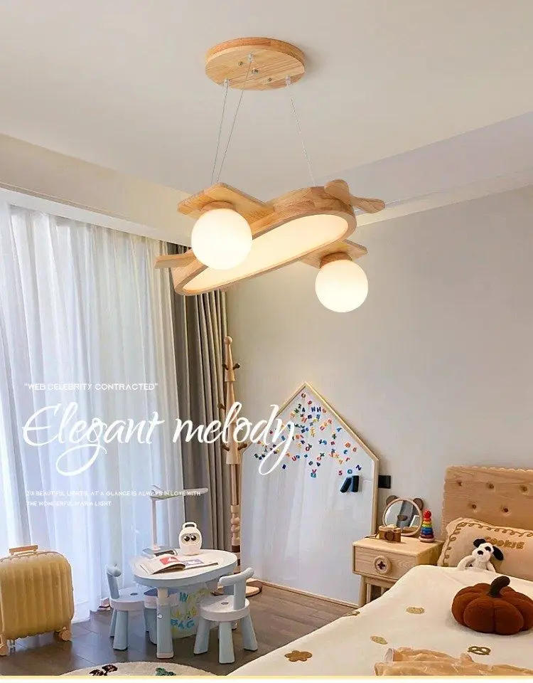 Description Picture 2 of itemSolid Wood Airplane Lamps Nordic Children's Room Pendant Light Walnut Color LED Aircraft Hanging Lamp Kids Nursery School