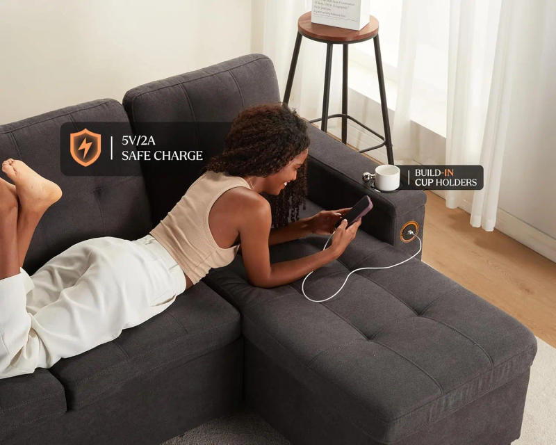 Description Picture 4 of itemSofa Bed Sleeper Sofa with USB Charging Ports L-Shaped Couch with Storage Pull Out Couch for Living Room Grey Linen