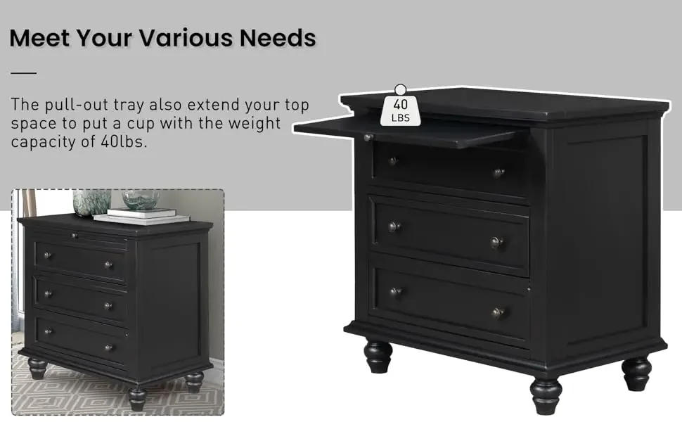 Description Picture 6 of item3-Drawer Nightstand with Pull-Out Tray, Wooden Bedside Nightstand, End Table with Legs, Black Beside Table
