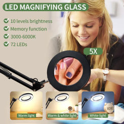 72 LEDs Illuminated Magnifier 3 Colors Warm White Light LED Magnifying Glass For Nail Art Manicure Tattoo Makeup Beauty Salon