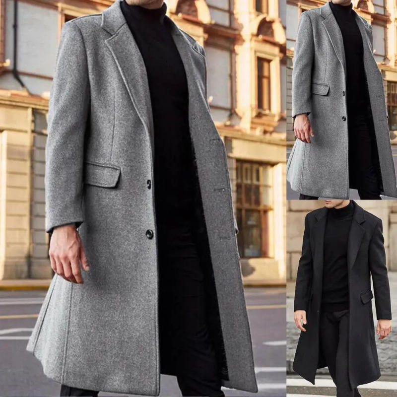 Description Picture 3 of itemHOTWinter Men Long Sleeve Buttons Jacket Overcoat Mid-length Trench Coat Jacket