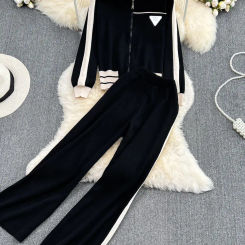 Winter Tracketsuit Stand Collar Coat Top And Pant Two Piece Set Sweater Warm Knitted Suit Thicken Sportwear Clothing