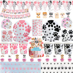 Pink Puppy Paw Birthday Party Decoration Disposable Tableware Black Dog Paw Tablecloth Cup Plate Kids Favor Gifts Party Supplies