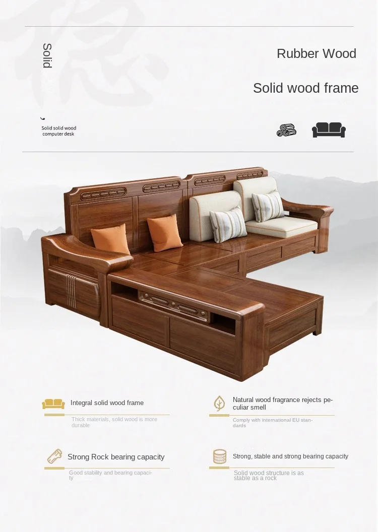 Description Picture 4 of itemSolid wood sofa living room modern Chinese sofa with corner chaise longue wood small apartment furniture sofa living room