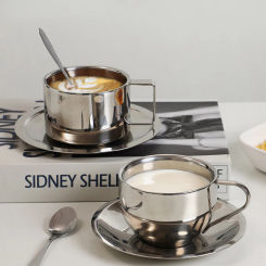 3pcs/Set Stainless Steel Coffee Cup Handheld Mini Coffee Milk Tea Juice Cup Saucer Mugs With Spoon Teacup Kitchen Coffee Shops