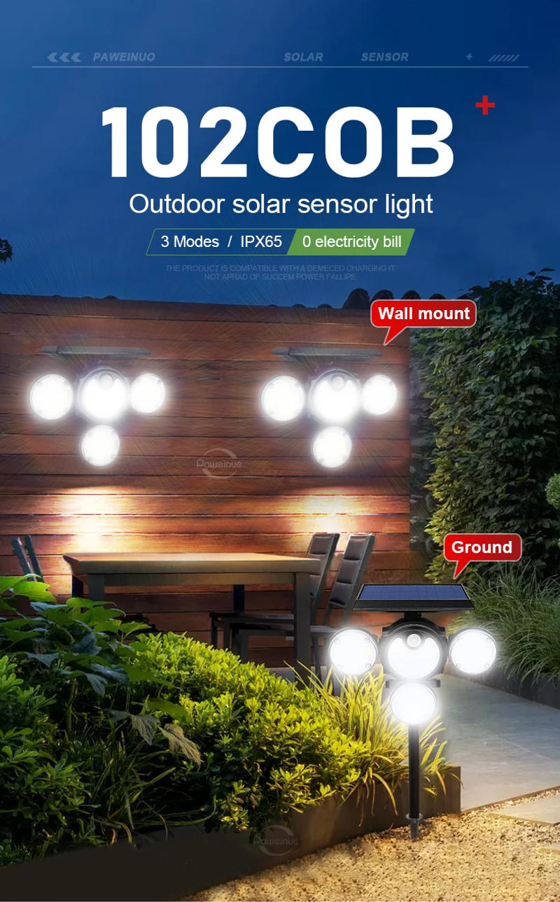 Description Picture 3 of itemOutdoor Solar Light 102COB Super Bright Solar Lamp Solar Garden Light Wall Lantern Pluggable Solarlight 5000mAh Sunlight Chargin