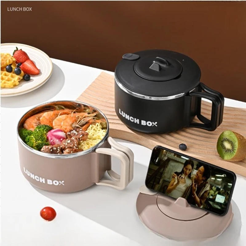 Description Picture 2 of item1200ML Stainless Steel Lunch Box Instant Noodle Bowl with Lid Drainable Heatable Microwaveable Lightweight with Handle Dorm Room