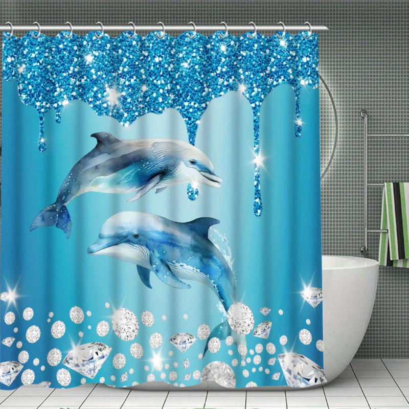 Description Picture 5 of itemand Dolphins Shower Curtain Set - Luxurious Modern Design, Water-Repellent Curtain, Matching Toilet Floor Mat, and 12 Shower Cur