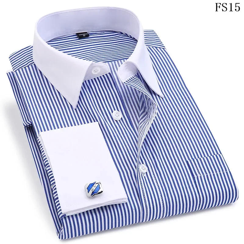 Description Picture 5 of itemNew Gentle Formal Mens French Cuff Dress Shirt Men Long Sleeve Solid Striped Style Men's Shirts Cufflink Include Plus Sizet 6XL