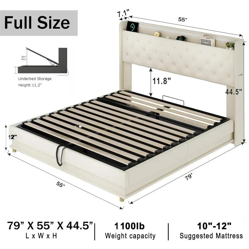 Description Picture 3 of itemZHENXIANG Full Size Lift Up Storage Bed Frame,Charging Station & Led Lights,Upholstered Platform Bed ,Wingback Storage Headboard
