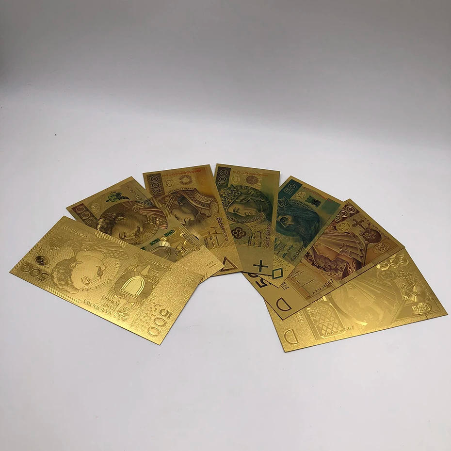 Description Picture 3 of itemWholesale 8 Designs Colored Gold Foil Polish Banknote Set 50 100 200 500 PLN for Partriotism Poland Crafts Collection