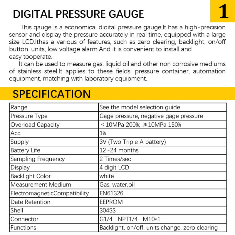 Description Picture 6 of itemPressure Gauges Digital Display Oil Pressure Hydraulic Pressure Test Meter 3V 250BAR/25Mpa 2 Points Thread For Gas Water Oil