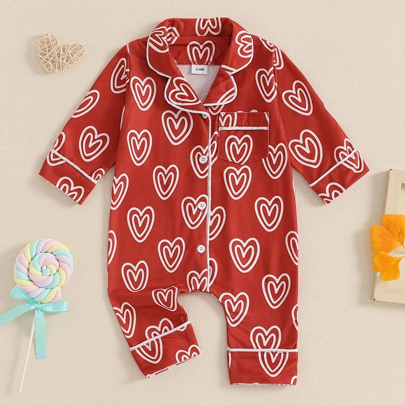Description Picture 5 of itemInfant Baby Girl Pajama Romper Sweet Heart Print Long Sleeve Lapel Neck Button-Down Sleepwear Jumpsuit Newborn Loungewear Outfit