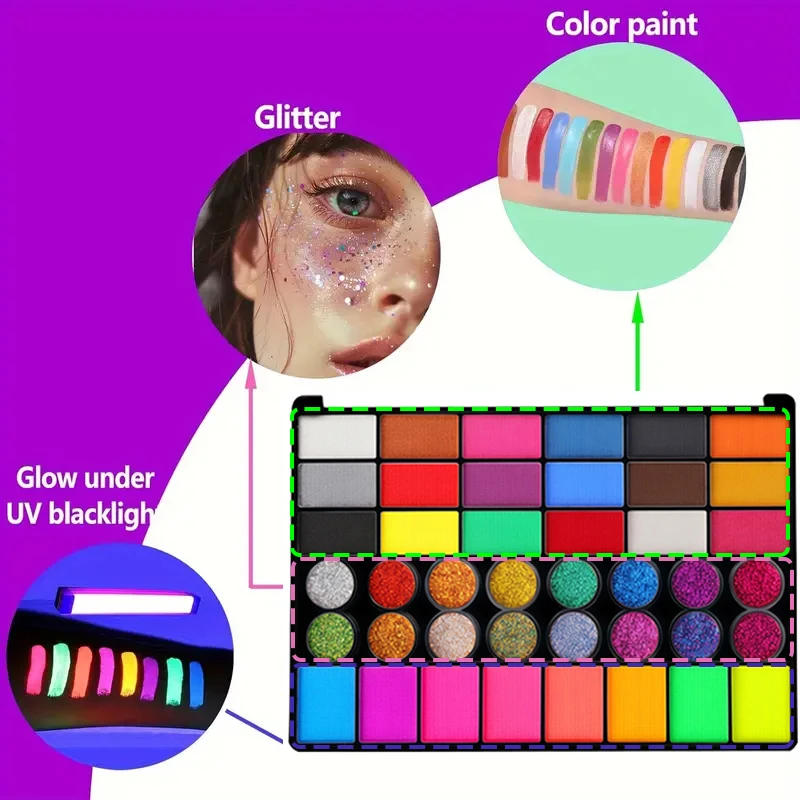 Description Picture 4 of item42-Color UV Neon Face Paint Kit - Water-Soluble Glow In Dark Body Makeup For Halloween & Christmas Parties