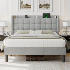 Queen Bed Frame with Charging & Storage, Upholstered Platform Bed with Button Tufted Wingback Headboard, Heavy-Duty Foundation