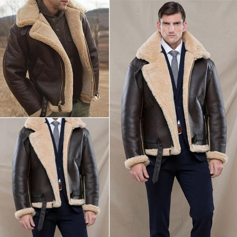 Description Picture 3 of itemMen's Faux Leather Classic Brown Black Bomber Jacket Winter Shearling Sheepskin Coat Men's Leather Biker Jacket Large Size