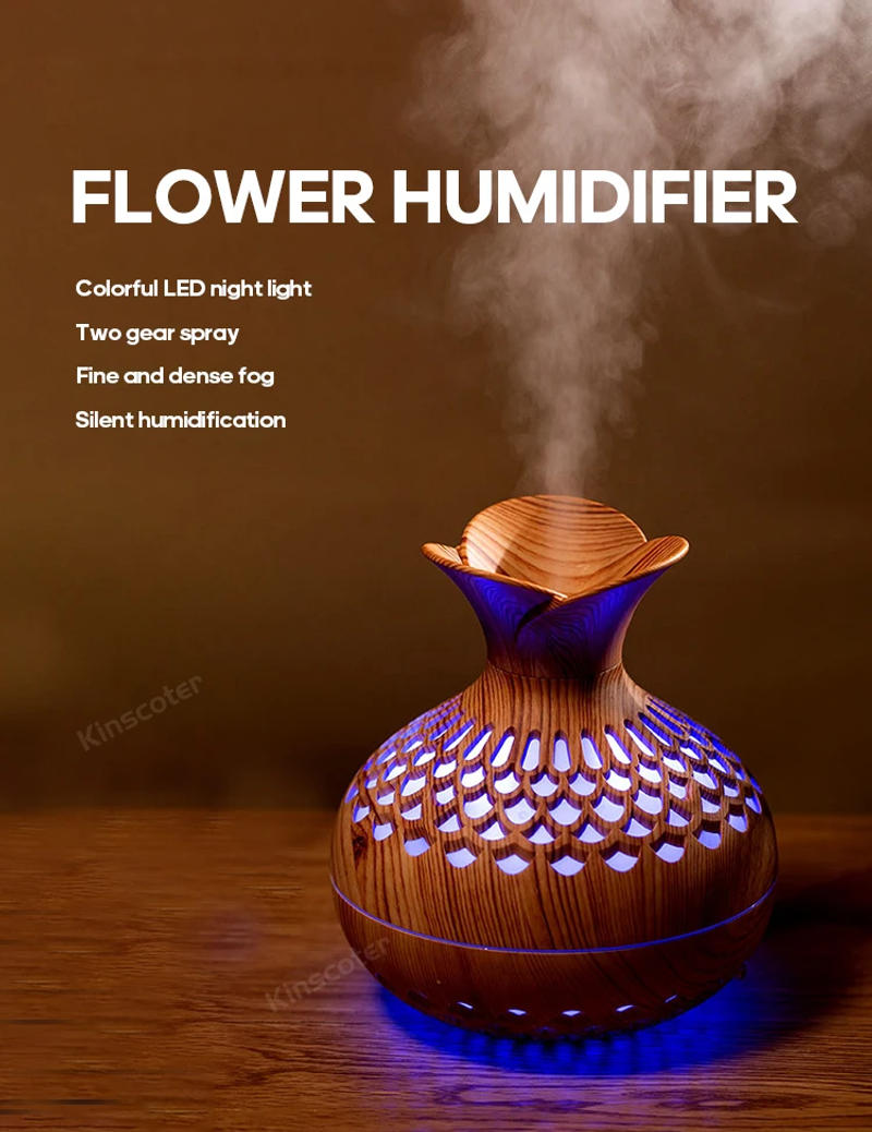 Description Picture 2 of itemVase Aromatherapy Diffuser 300ml Wood Grain Portable Air Humidifier Essential Oil Diffuser Sprayer Ultrasonic Atomizer RGB Lamp