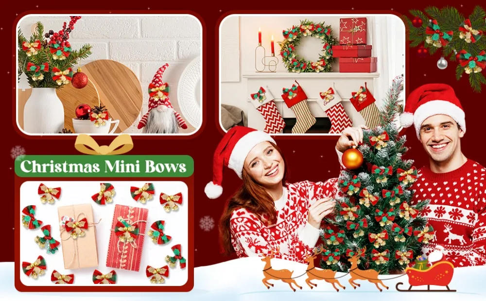 Description Picture 3 of item10Pcs Christmas Small Bows with Bells Miniature Ornaments Gift Decorations Crafts Garland Hanging Decor Treat Bags Gift Wrapping