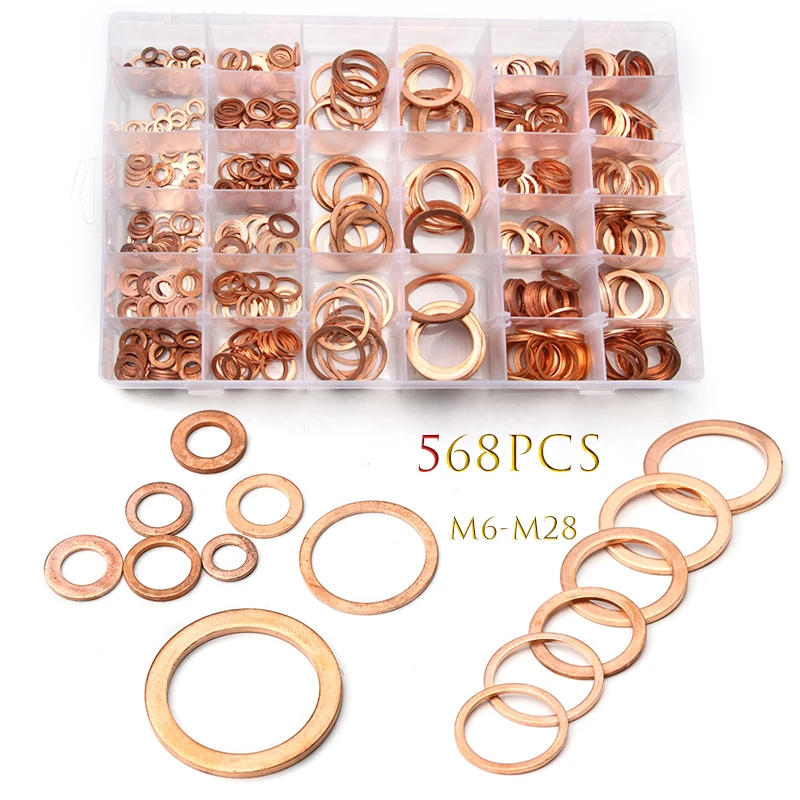 Description Picture 2 of item100/200/250/300/568pcs O Ring Copper Washer Gasket Set M4-M28 Flat Ring Sealing Solid Washer Sump Plug Oil Gasket Car Drain Seal