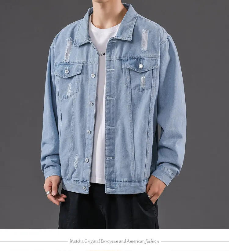 Description Picture 5 of itemNew solid color men's denim jacket men's fashion ripped denim jacket men