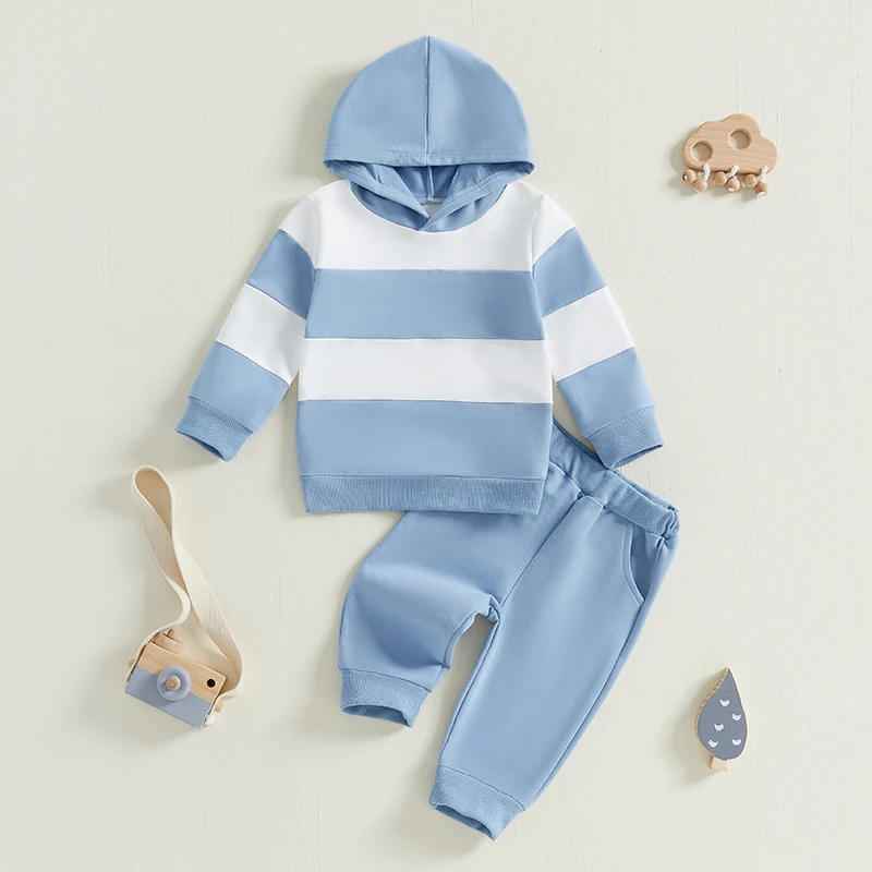 Description Picture 2 of itemBoy Autumn 2PCS Outfit Sets Long Sleeve Striped Hoodie Solid Color Elastic Band Pants Sets