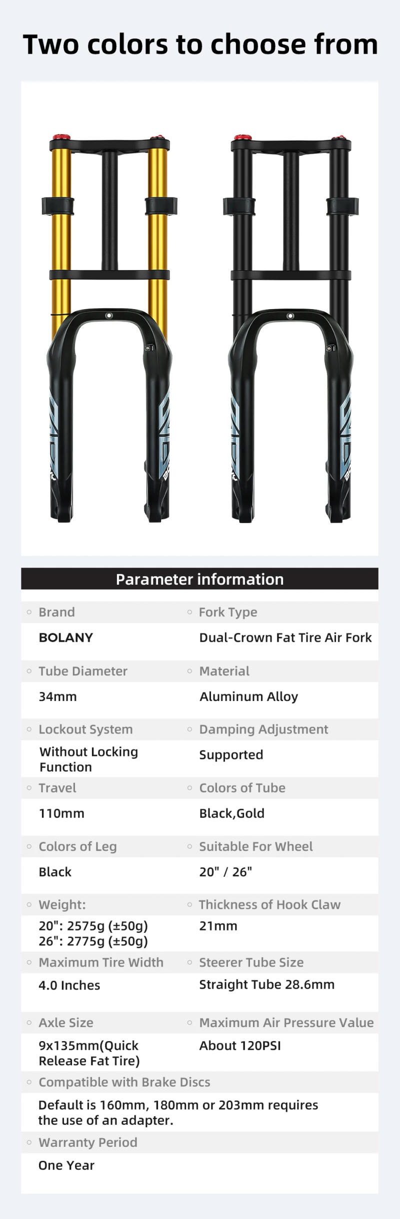 Description Picture 3 of itemBOLANY Bicycle Snow Front Fork 20 inch 26 inch 4.0 Tire MTB Bike Fork 110mm Travel Double Shoulder Air Supension for E-Bike